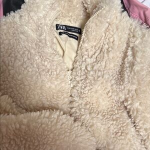 Zara beige teddy bear zip-up jacket.